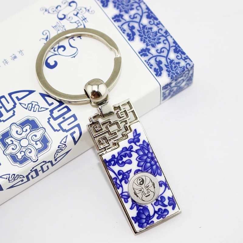 

High End Chinese Natural Ceramic Keychain Gift Keyring Vintage Creative Blue and white Porcelain crafts keychains for Car Keys