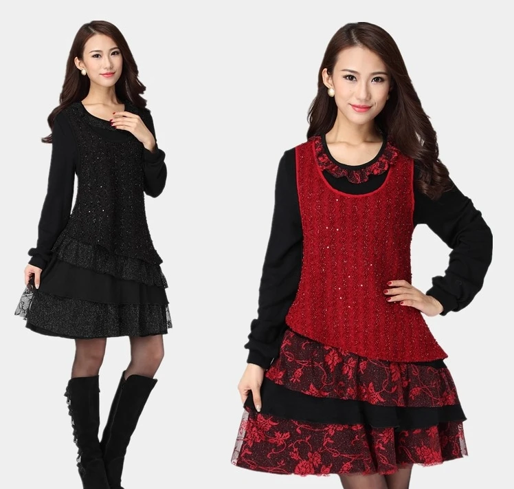 2013 г. Зимнее Новое поступление ассиметричное цельнокроеное платье из двух