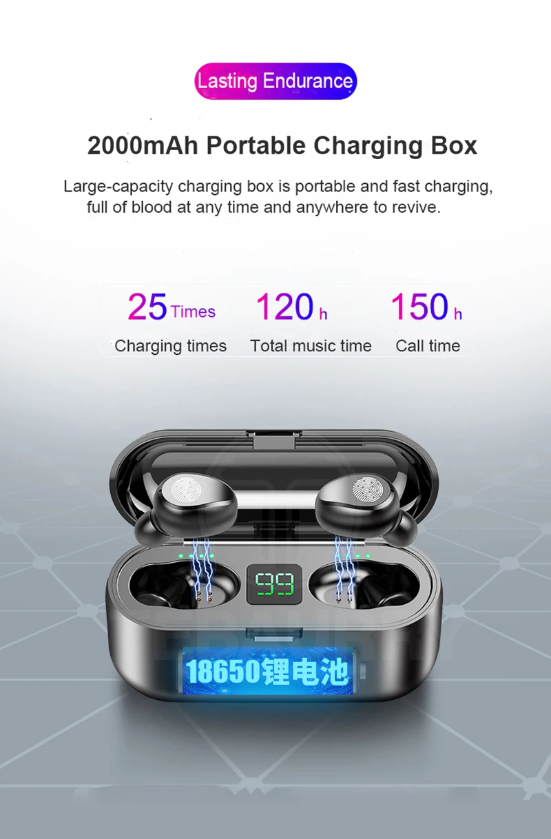 TWS V5.0 Bluetooth наушники 8D стерео беспроводные наушники спортивные беспроводные наушники со светодиодный зарядным отсеком 2000 мАч держатель для телефона