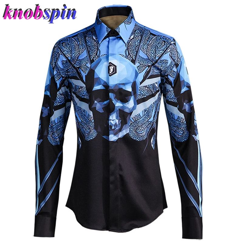 Мужская классическая рубашка с принтом черепа приталенная деловая отложным