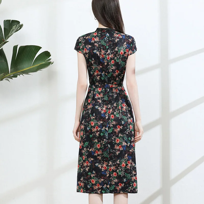 Женское винтажное платье-трапеция из 100% шелка с круглым вырезом и короткими