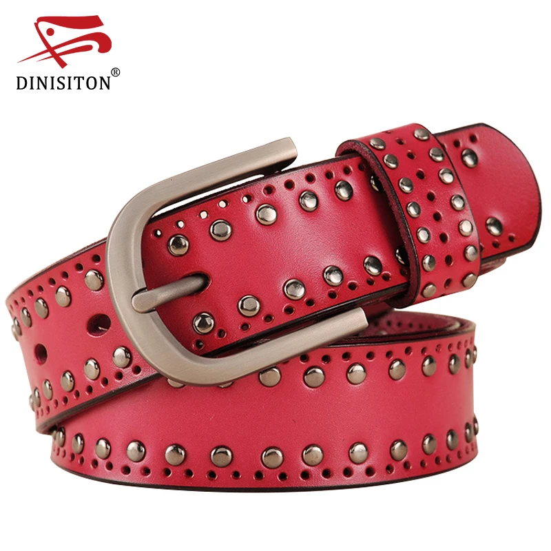 DINISITON New Trend Women Leather Belt Metal Rivets Personalized Ladies Belt Vintage Women's Belt Ladies Brand Strap CM006