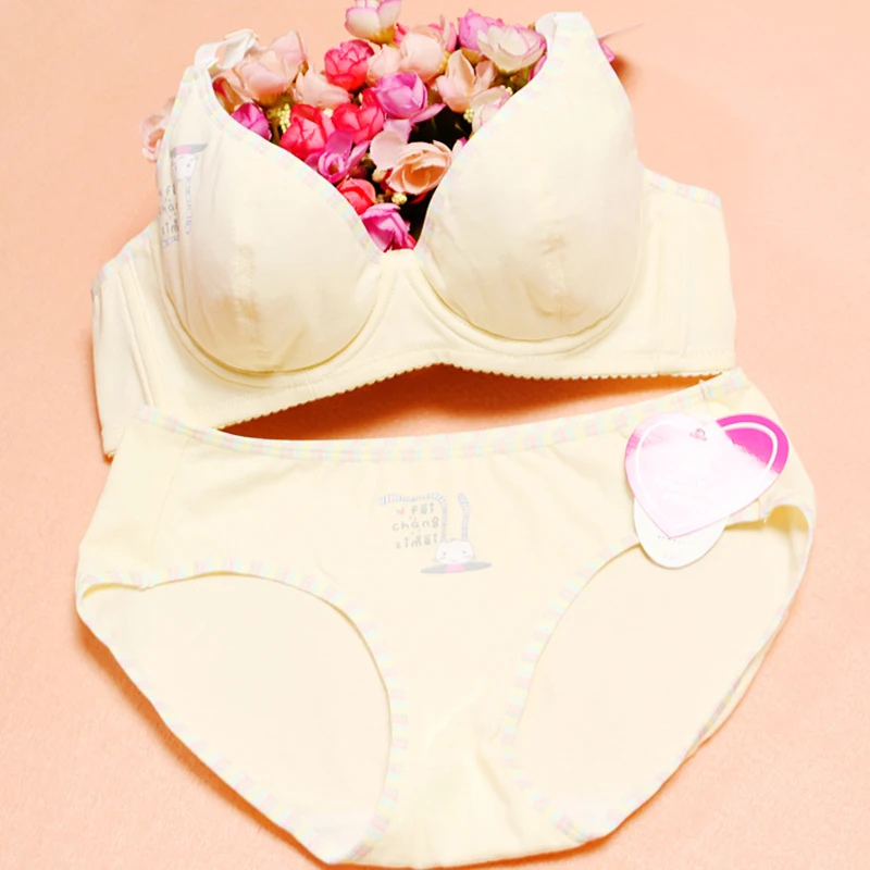 Free Shipping Feichangzimei Cute BraAnd Panties Cotton Solid Purple Yellow Underwire A/B Cup Sport Girls Bra Set-100083 | Детская одежда