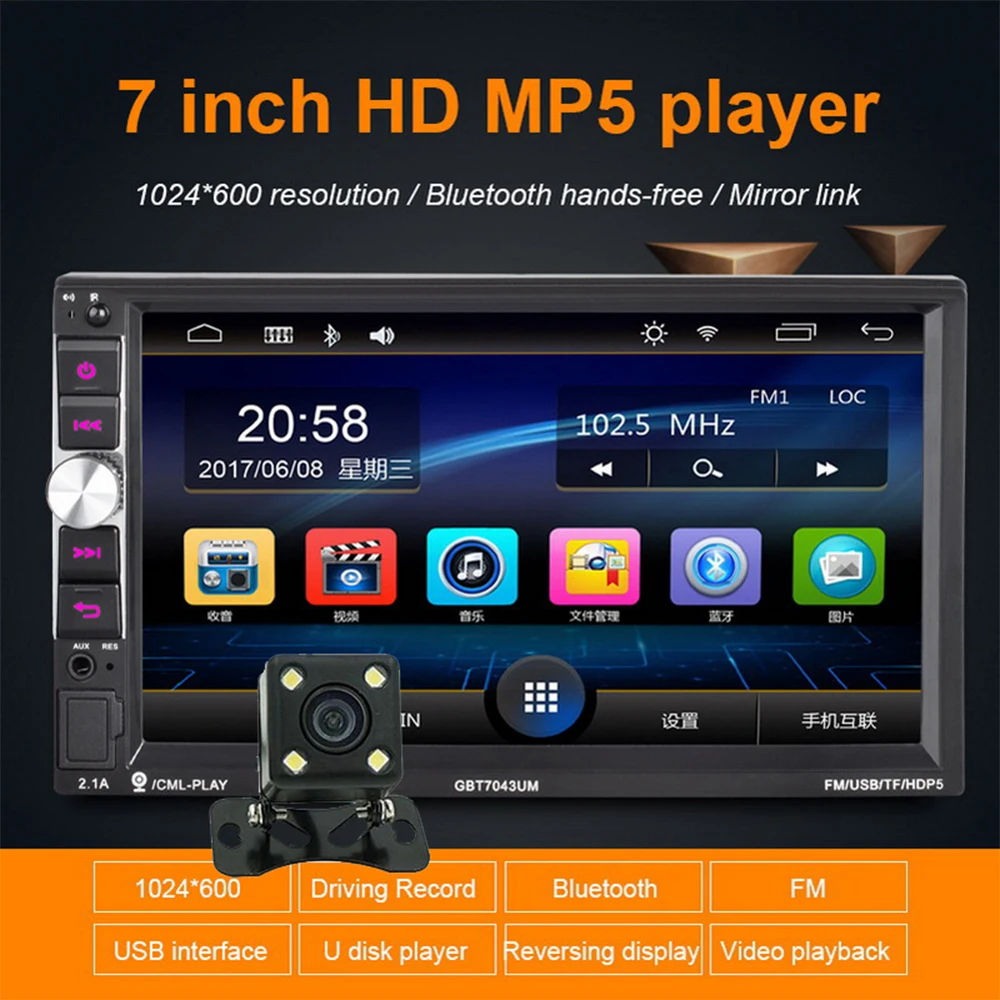 

2 Din 7 Inch HD Car Radio MP5 MP4 Player Bluetooth 4.0 Call Without Delay USB/TF/FM/Auxin Supports Mirror Link For Android Phone
