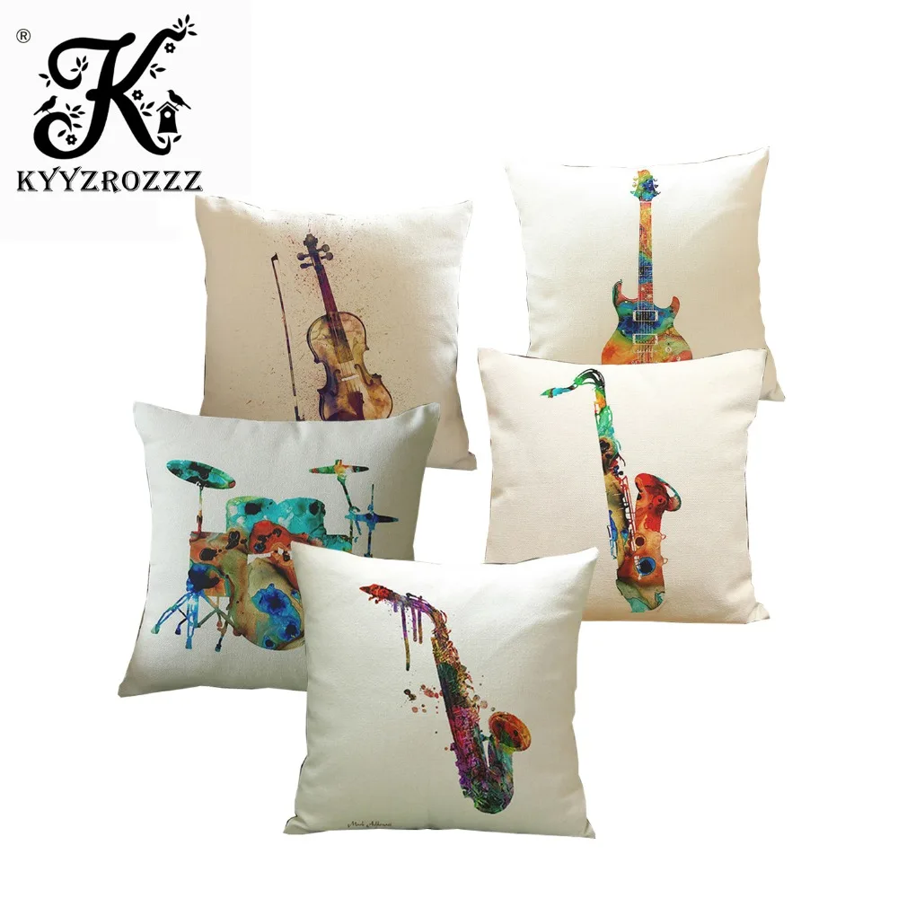 

Drum Guitar Sax Throw Cushion Covers Watercolor Music Instrument Decorative Pillow Cover for Sofa Car Chair coussin decoration