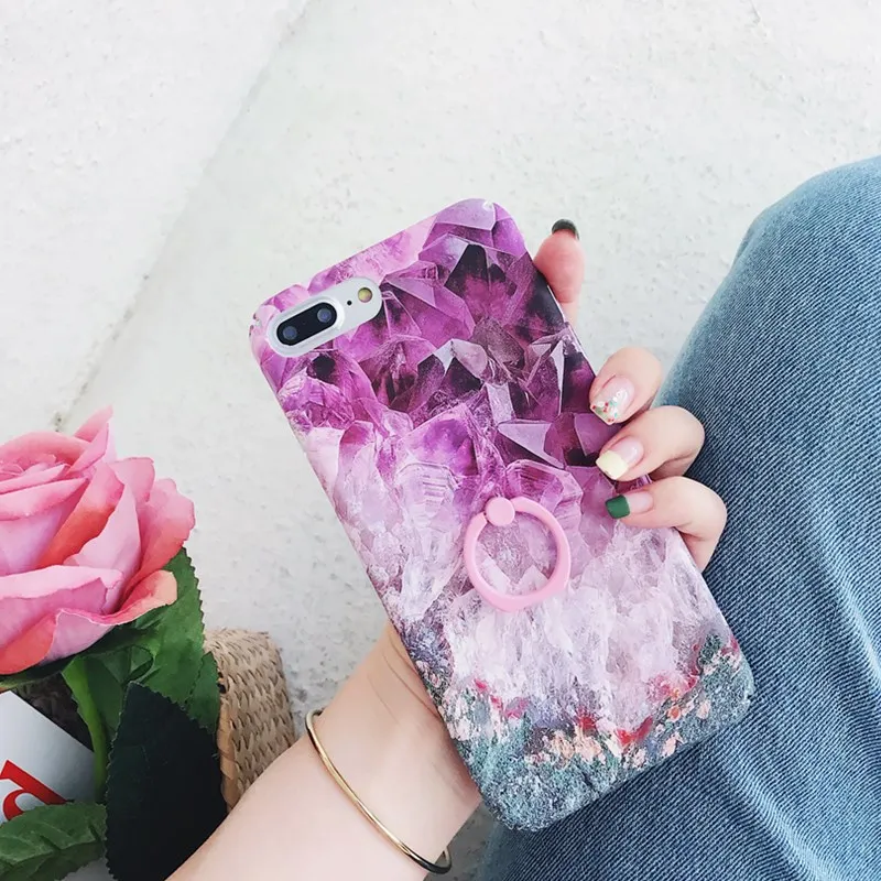Luxury Jade Purple Diamond Pattern Phone Case for IPhone 7 Ring Bracket 6 6s 8 Plus X Ultra Slim Hard Back Cover |