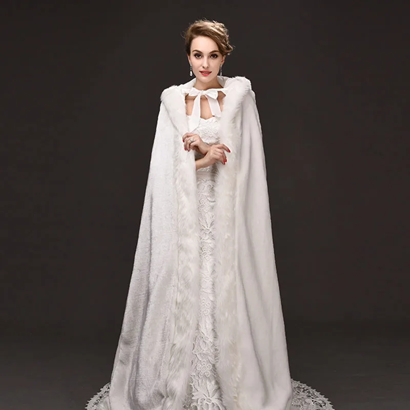 Top Quality Winter Wedding Long Cloak Fur Hooded Capes With Faux Fur Edge Hooded Bridal Wedding Cloak White Bride Poncho Wraps