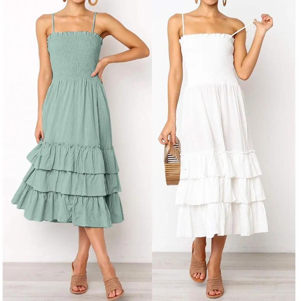 

Women Sleeveless Sling wrapped Backless Ruffled Dress #4L11#N