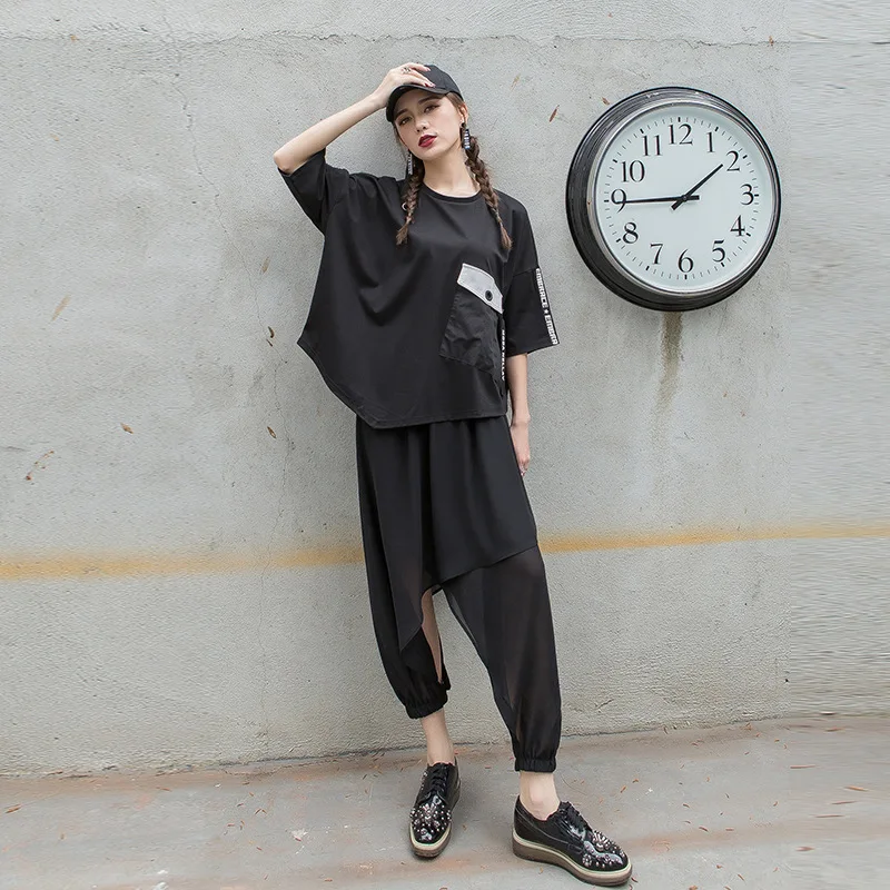 2018 летняя Женская Асимметричная Корейская футболка свободная черная с буквенным