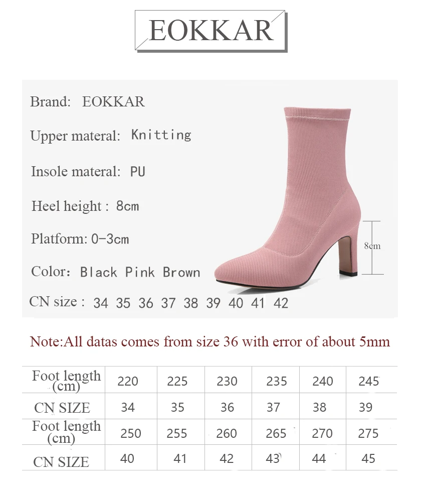 

Eokkar 2019 New Fashion Women Mid Calf Boots Sock Square Heel Poited Toe Slip on Knitting Elegant Shoes Women Shoes Size 34-42