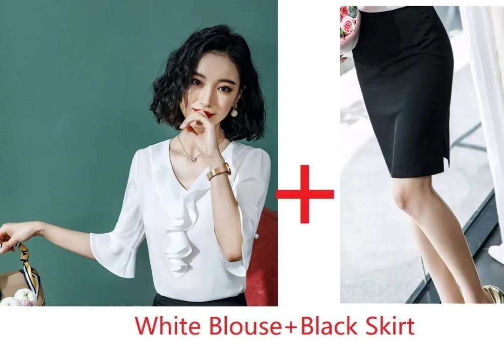 White Модная оранжевая форма, стильные женские деловые костюмы с юбкой и блузкой, Женская Офисная Рабочая одежда, весна-лето, половина рукава - Цвет: White