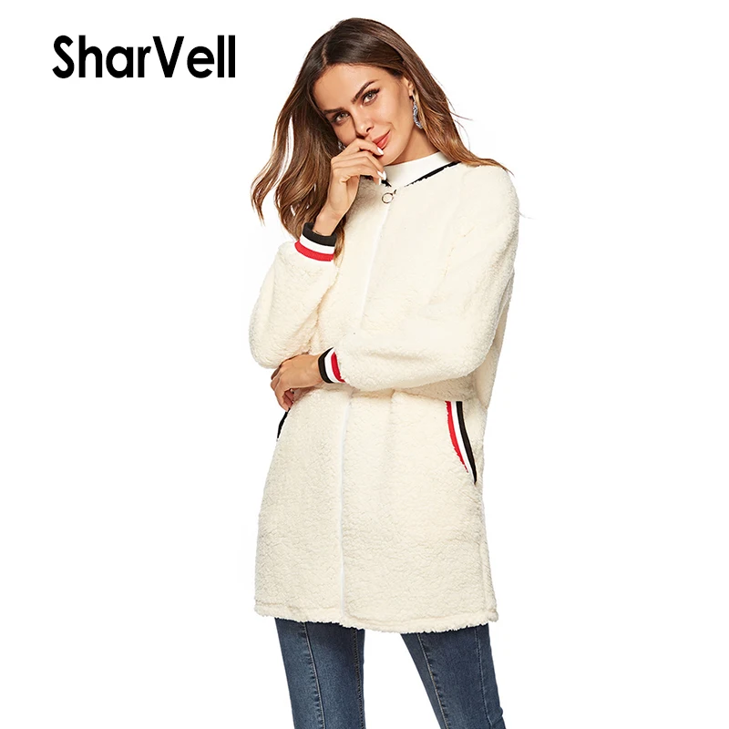 Женское пальто из искусственного меха SharVell эластичное в полоску с манжетами +
