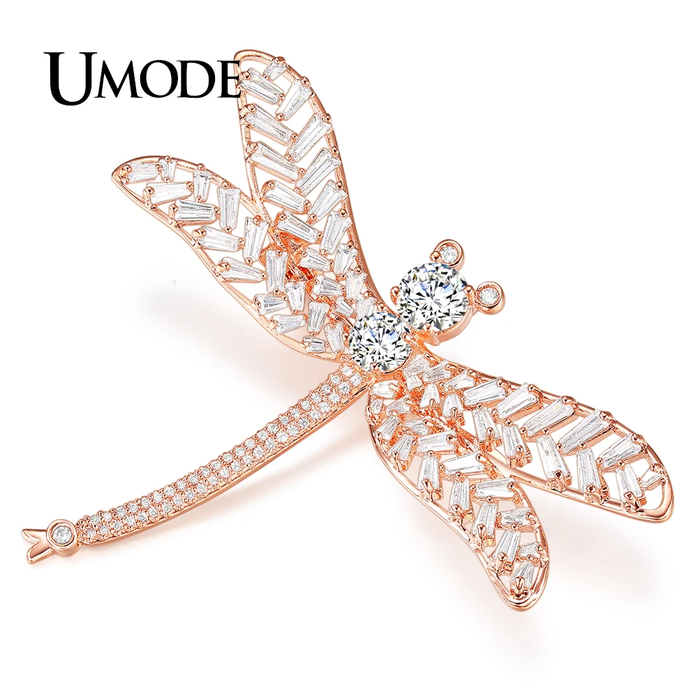 Женская брошь в форме стрекозы UMODE из розового золота с крупными фианитами и