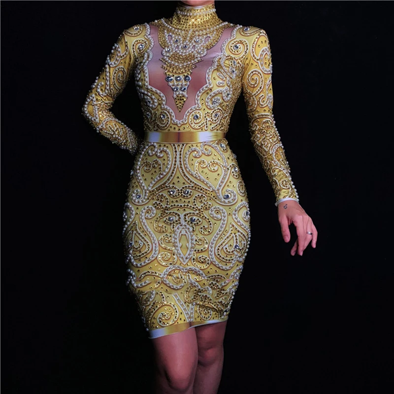 Fashion Rhinestones Pearls Dress Long Sleeves Women's Gold Female Singer Clothes Birthday Celebrate Evening DWY1383 | Тематическая
