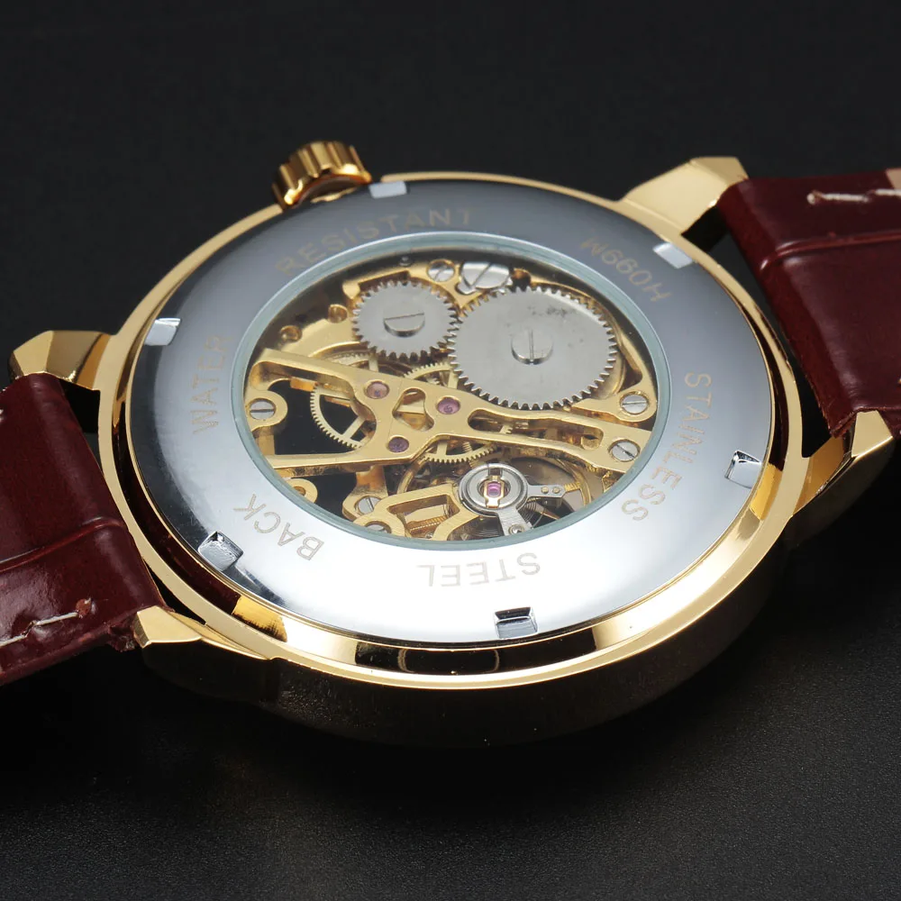 FORSINING 3D логотип дизайн полые гравировка черный золотой корпус кожаный Скелет