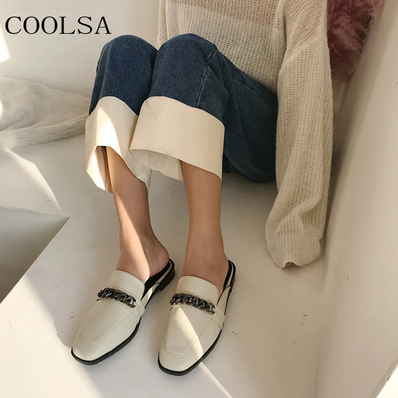 Мюли женские на цепочке кожаные сандалии низком каблуке шлепанцы с закрытым