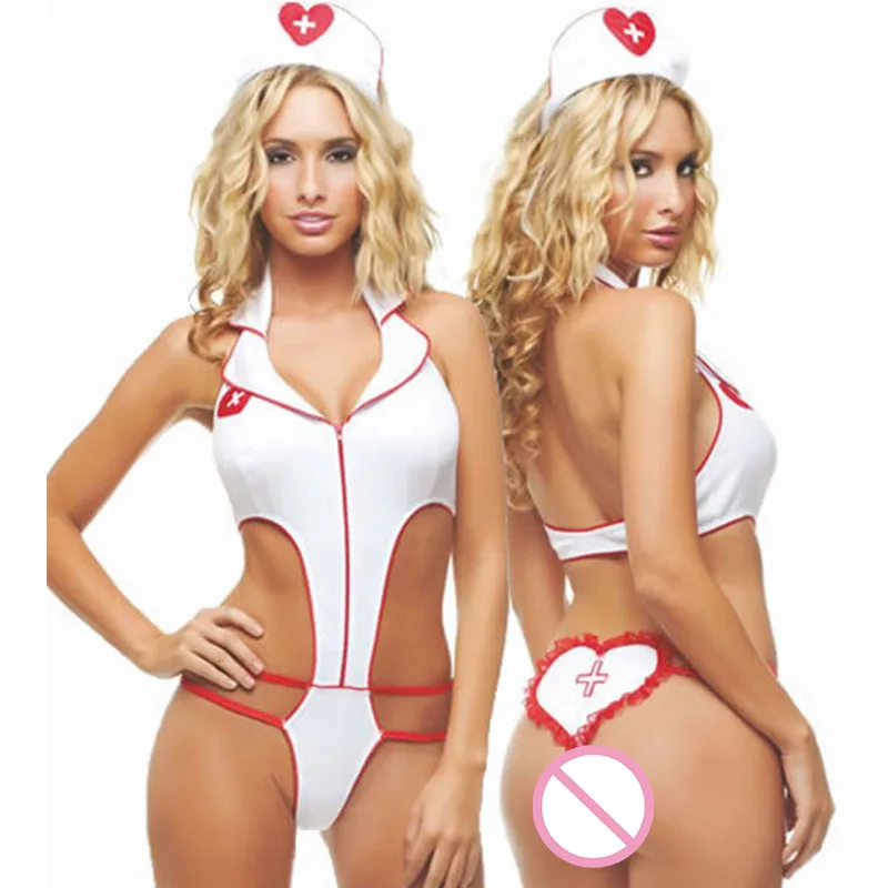 Сексуальный костюм для медсестры с открытой спиной белый и красный озорные