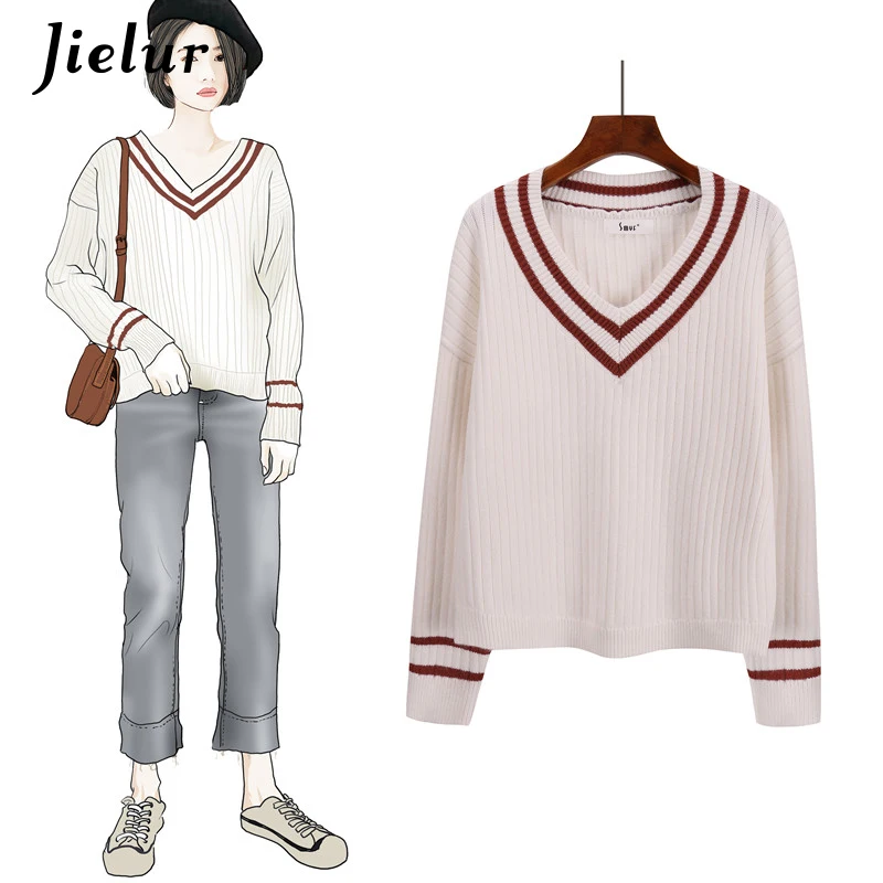 Jielur Crop Top Sweater Striped V-neck Korean Classic College Student Female Loose Sweaters Fashion 2019 Women Knitwear | Женская одежда