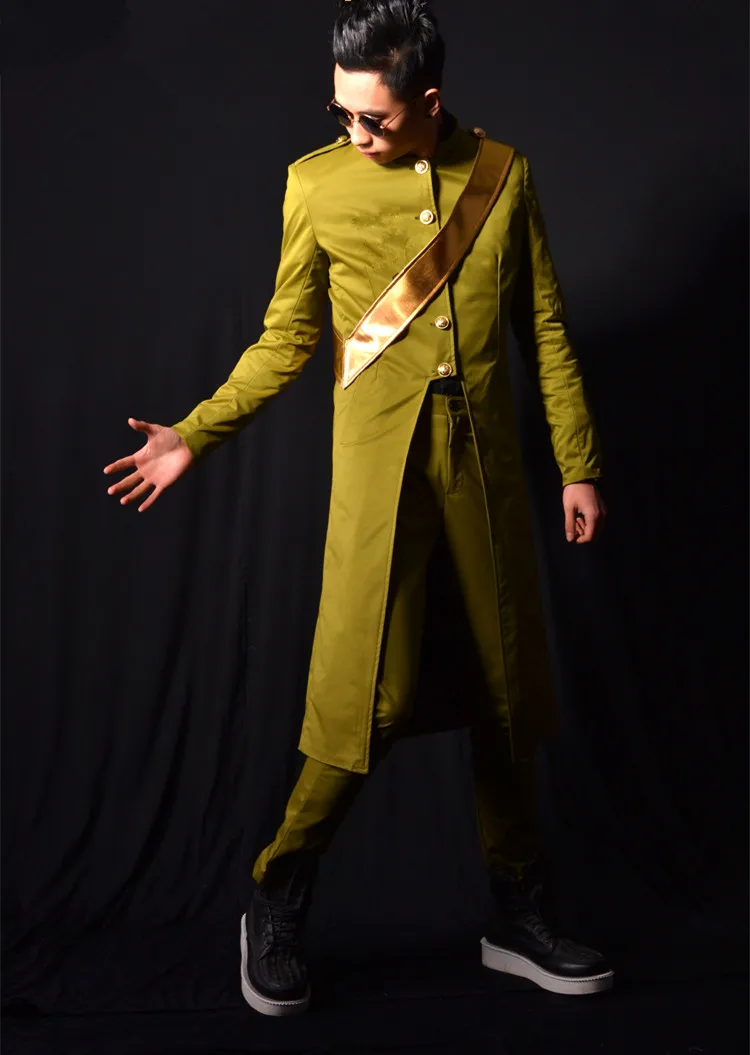 Мужской длинный костюм в стиле милитари зеленое пальто Блейзер одежда для