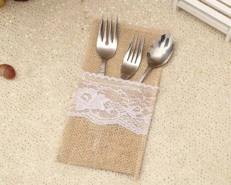 

21cmX11cm 24PCS Jute Burlap Cutlery Pocket Vintage Rustic Tableware Bags Wedding Table Decoration Centerpieces