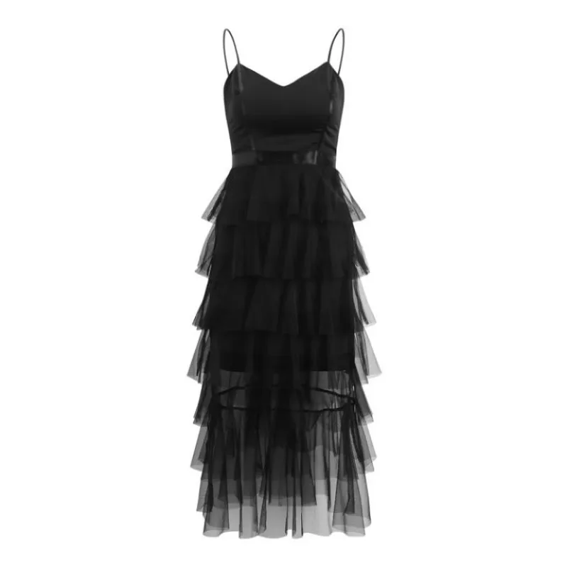 

2019 Sexy V-neck Strapless Midi Mesh Party Dress Women Korean Fashion Ruffles Mid-Calf Summer Dress Vestidos