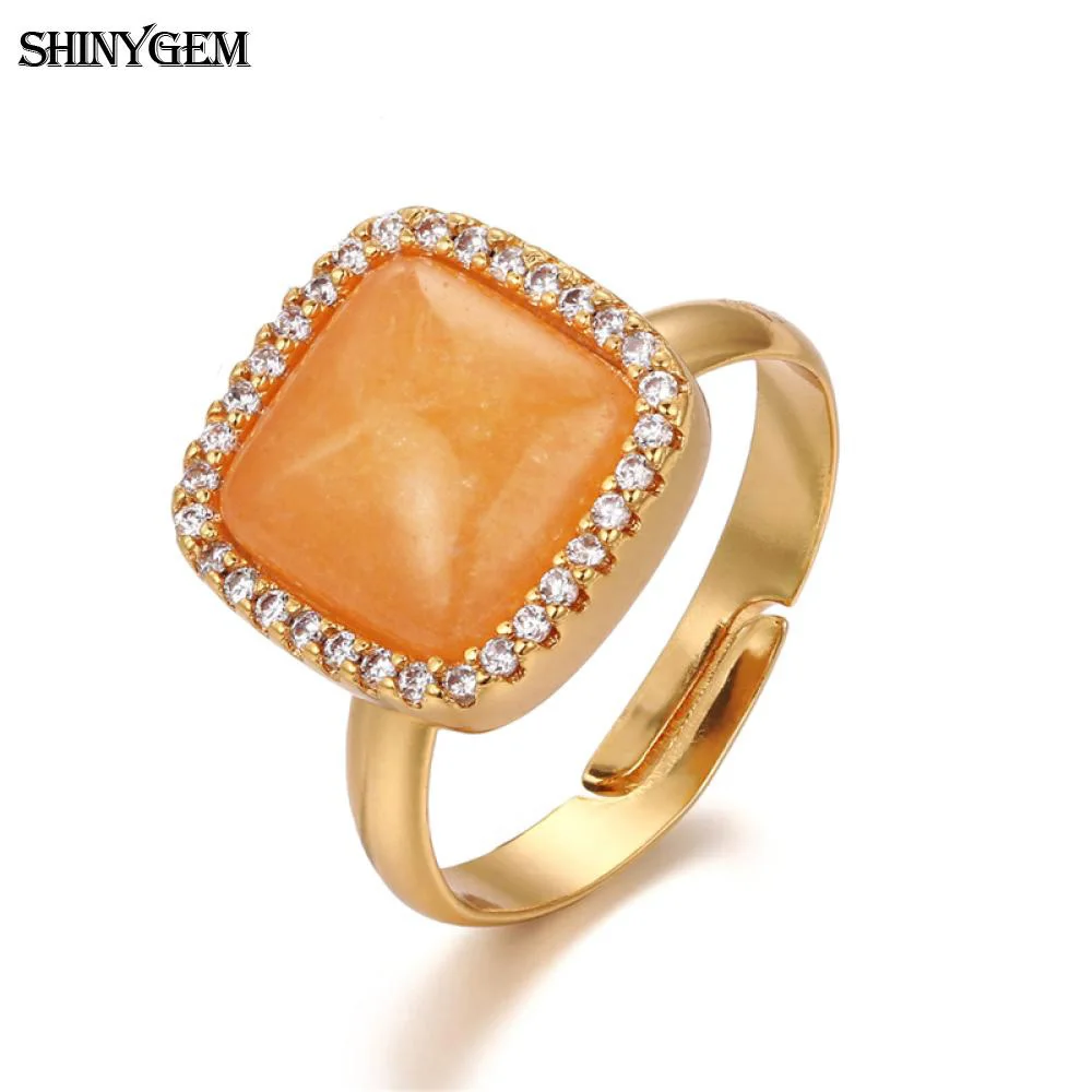 ShinyGem новые модные желтые нефриты кольца квадратный/сердце золотой натуральный камень кольца регулируемые натуральные нефриты Свадебные Кольца для женщин - Цвет основного камня: Фиолетовый