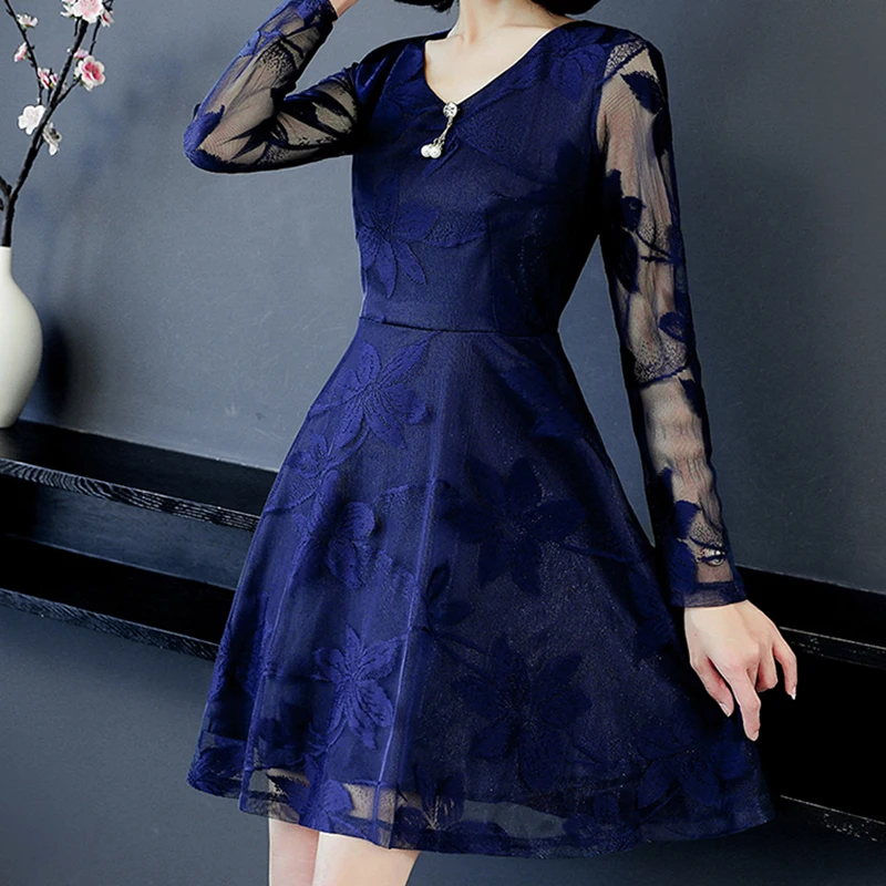 Новинка 2018 осеннее платье женское Сетчатое кружевное с v-образным вырезом
