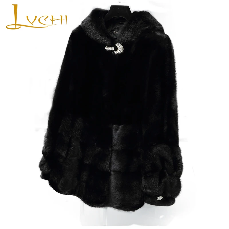

Зимнее 2019 натуральное Норковое меховое пальто LVCHI, женское меховое пальто с драпировкой и волнистой огранкой, полностью из меха норки с капю...