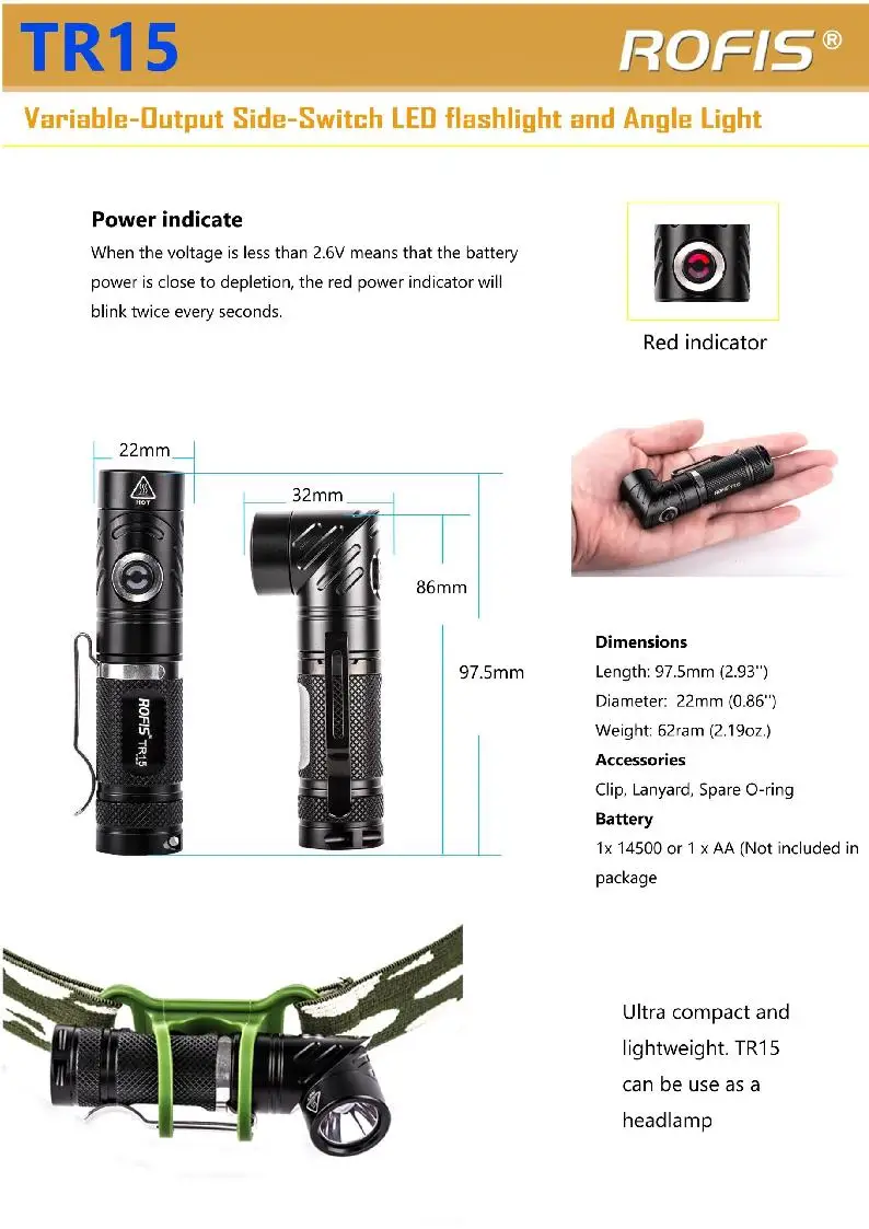 ROFIS TR15 CREE XP-L Hi V3 LED 700 люмен регулируемый-глава фонарик, Многофункциональный использование фонарик