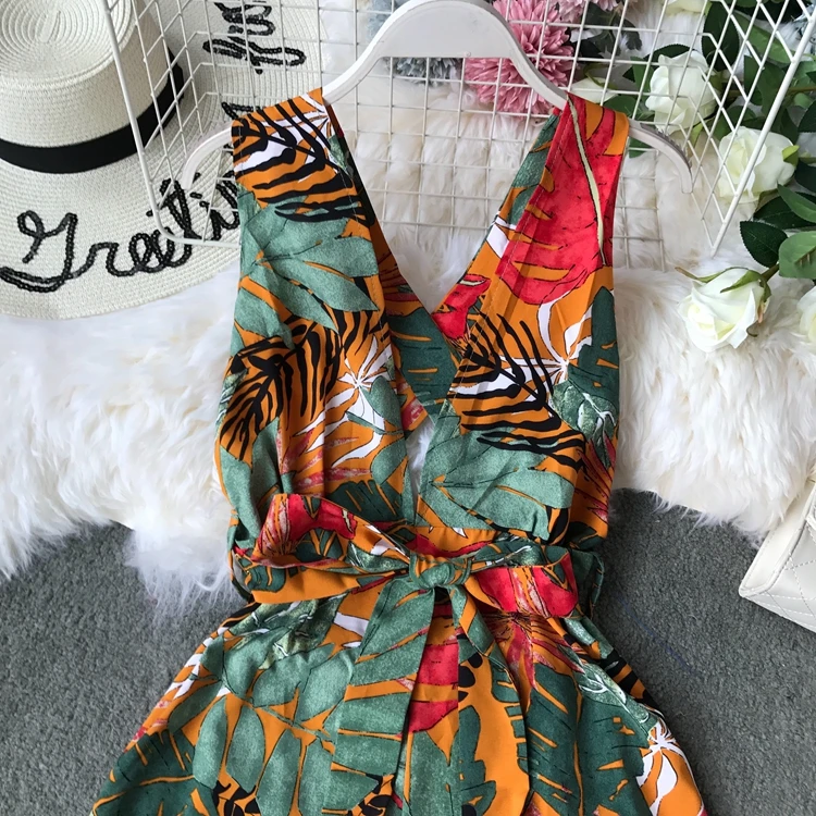 Пляжный Boho короткий женский летний комбинезон с открытой спиной и v-образным вырезом без рукавов комбинезон корейский цветочный принт плюс размер женский комбинезон