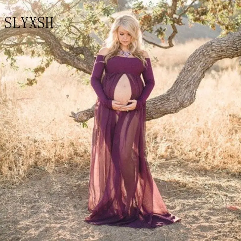 

SLYXSH New Maternity Photography Props Pregnancy Clothes Maxi Maternity photography Dress Chiffon Maternity Dress