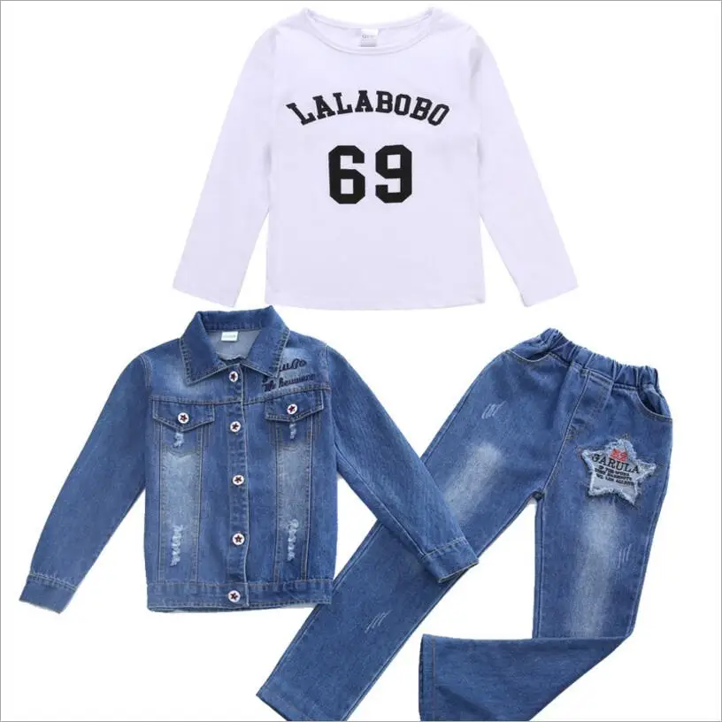 2018 New Children Spring/Autumn Set Boy/Girl Fashion Letter Embroidered Denim Jacket Jeans Suit Kids Baby Casual Clothes | Детская