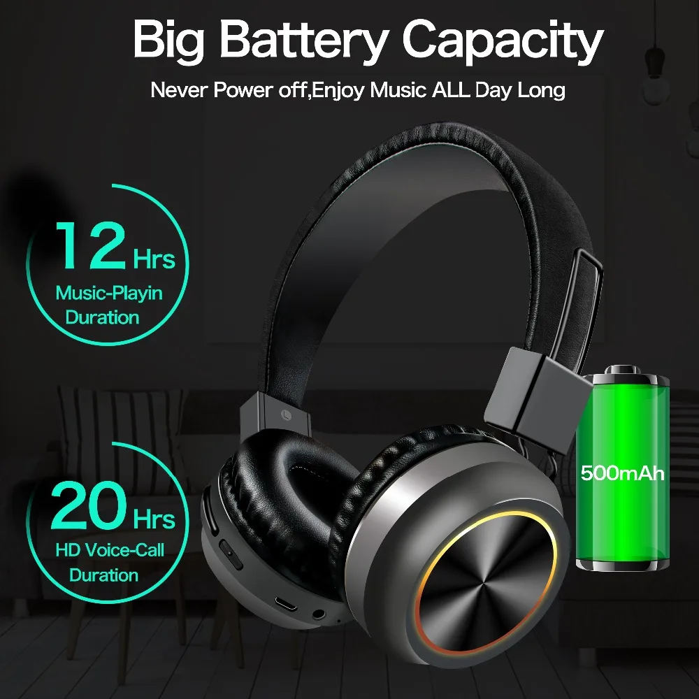 SOONHUA Wireless Bluetooth Headphone Soft Earmuff HD Stereo Sound Super Bass Headset With Led Breathing Light Support TF Cards |