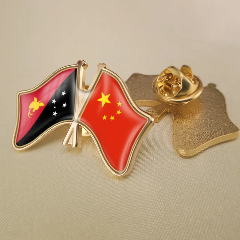 

Papua New Guinea and China Crossed Double Friendship Flags Lapel Pins Brooch Badges