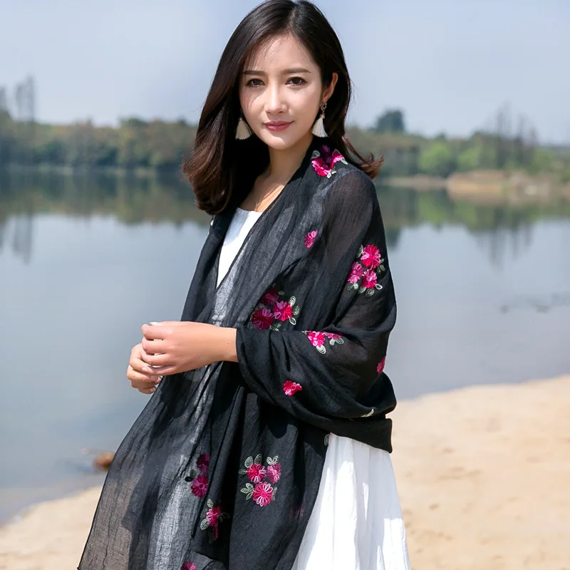 

Newly Women Floral Embroidery Long Scarf Anti Ultraviolet Shawl Spring Summer Autumn m99