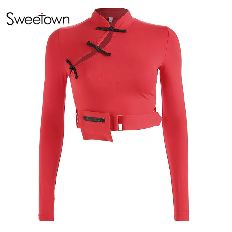 red Sweetown, винтажный сексуальный короткий топ, футболка, женская,, осенняя, длинный рукав, футболка, Femme, асимметричный ворот, корейская мода, футболка - Цвет: red