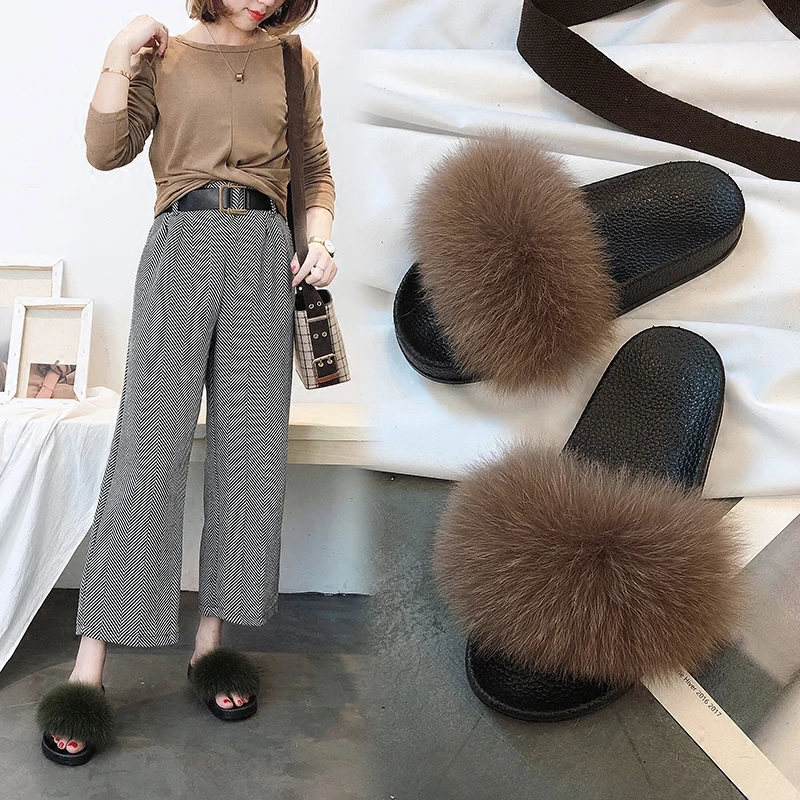 coffee ZDFURS/; модные шлепанцы с лисьим мехом; шлепанцы без задника с натуральным мехом; Летние вьетнамки; повседневные Модные босоножки с лисьим мехом; модная плюшевая обувь; - Цвет: coffee