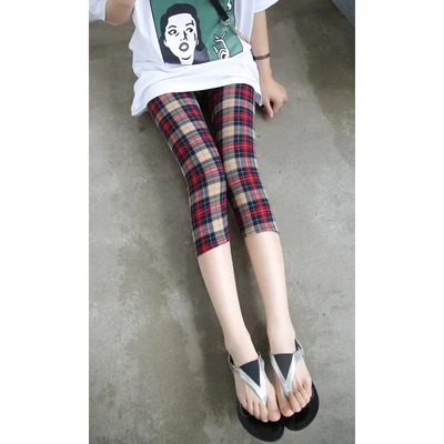 Khaki red plaid VIIANLES/летние короткие леггинсы; леггинсы с цветочным принтом со звездами; женские леггинсы; повседневные леггинсы; эластичная укороченная брюки; капри; Jeggin - Цвет: Khaki red plaid