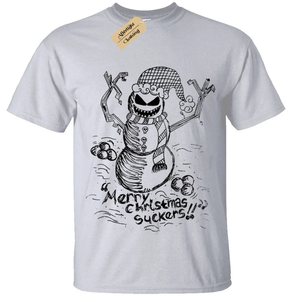 Мужская футболка со злым снеговиком забавная хлопковая в готическом стиле с