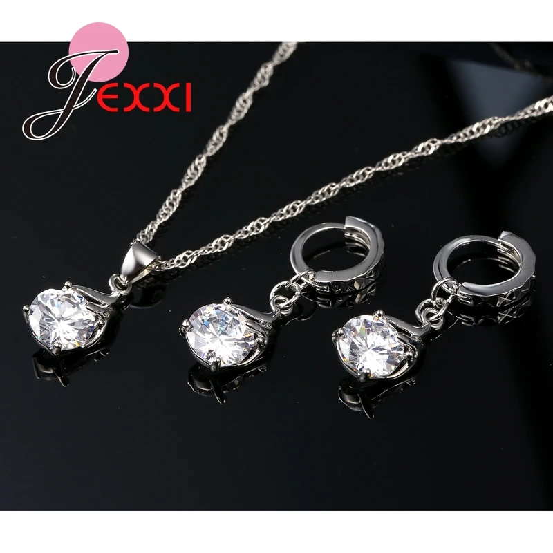 Unique Ladies Cubic Zirconia Elegant Pendant Necklace Dangle Earrings Appointment Gifts Women 925 Sterling Silver Jewelry Sets | Украшения