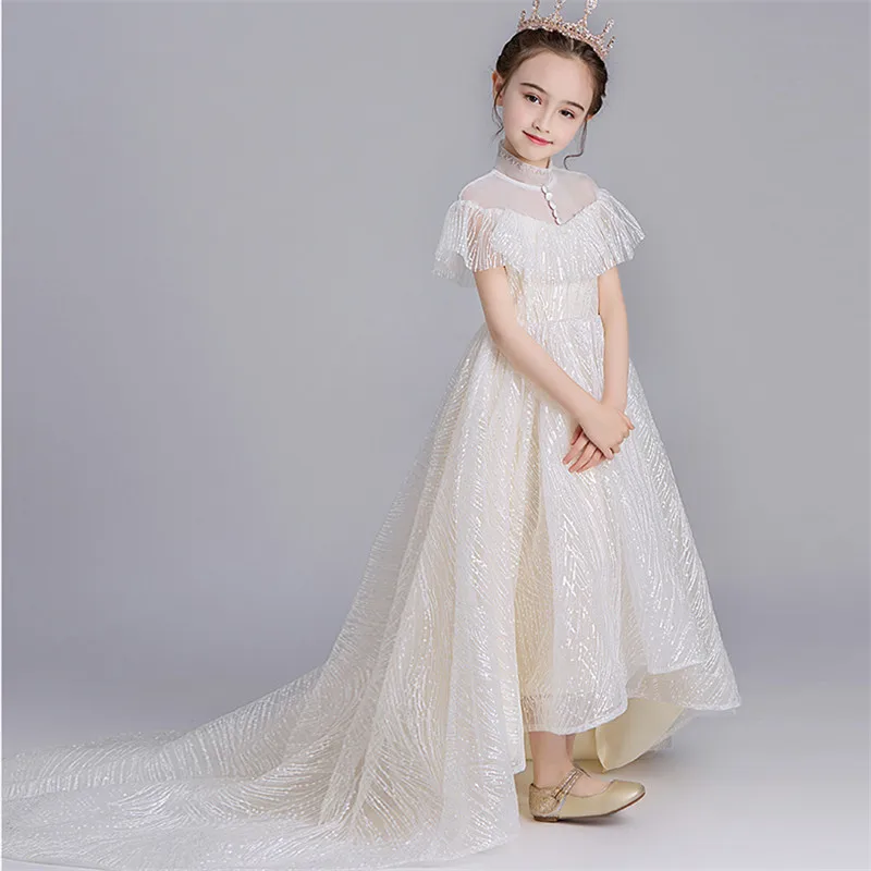 

3~12T Children Girls Elegant New Luxury Evening Party Birthday Long Fluffy Tail Dress Kids Model Show Catwalk Host Costume Dress