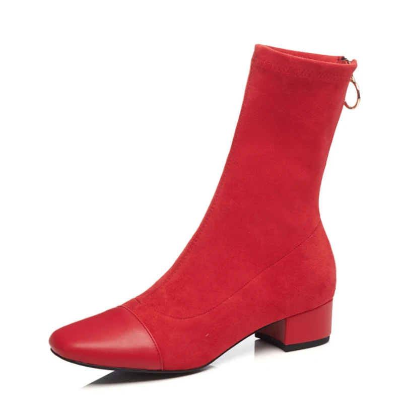 2018 autumn and winter new elastic boots Thick short women's Low heel leather Large size shoes |