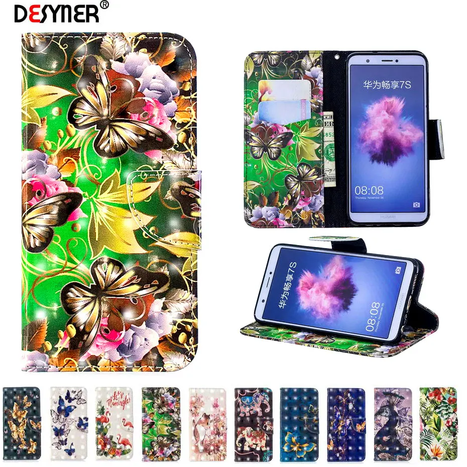 Роскошный кожаный флип чехол для huawei P smart Cover 3D Vision телефона с рисунком Plus