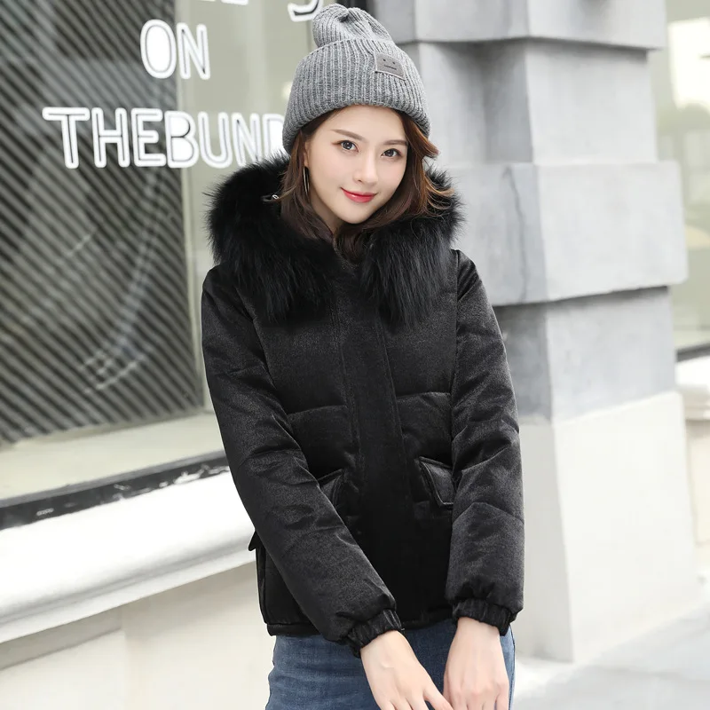 Cotton female 2017 autumn and winter new European American fashion loose long gold Velvet large fur collar hooded padded cot | Женская
