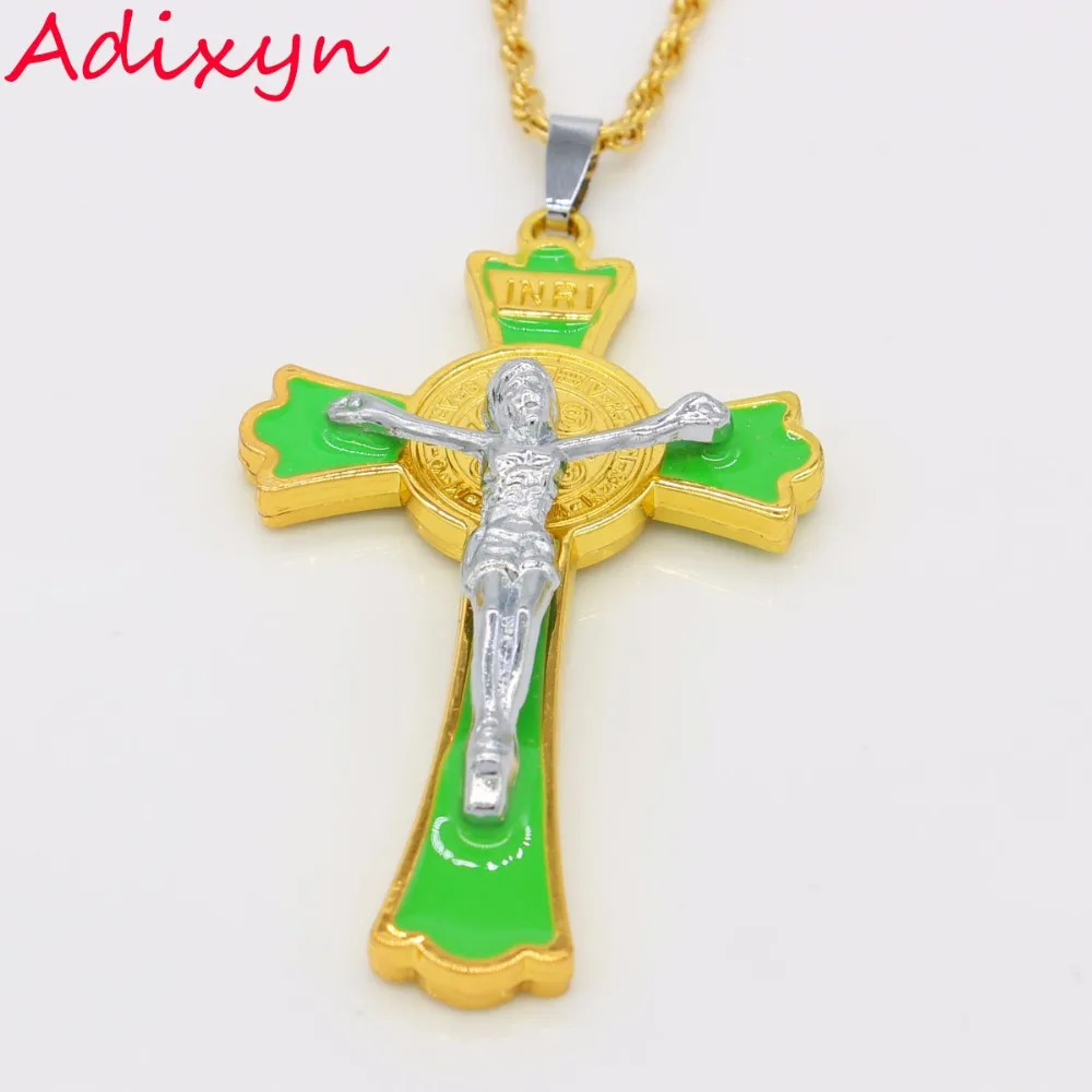 Adixyn INRI зеленый камень крест ожерелья для верующих (с изображением Иисуса) Женские