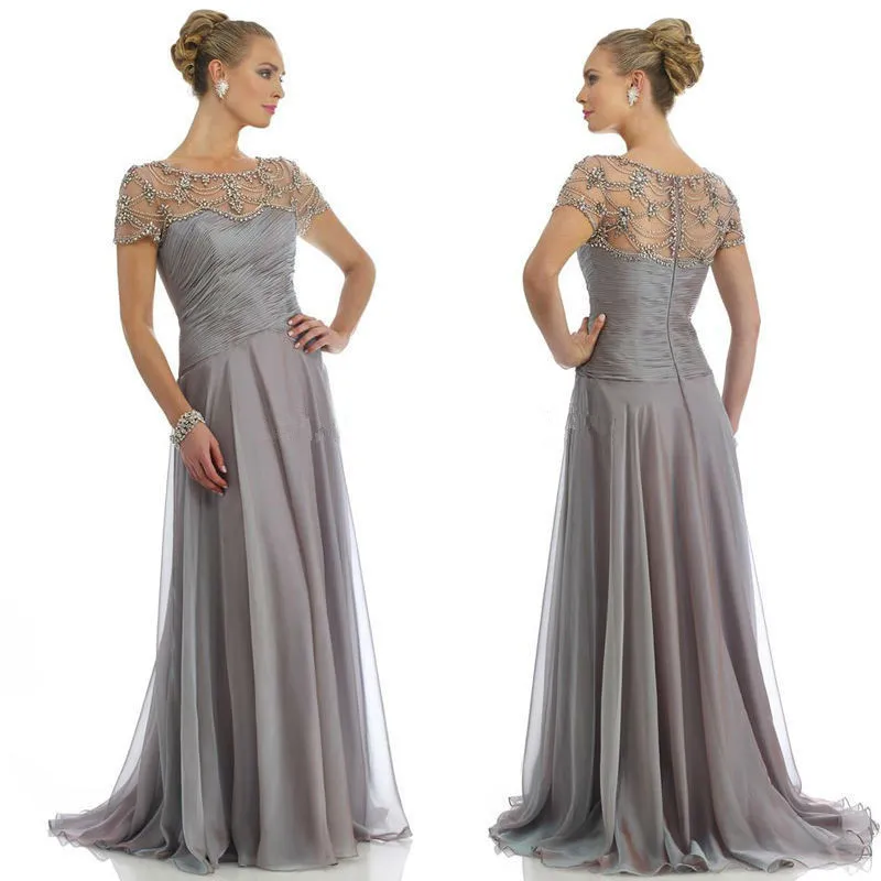 

Elegant Grey Mother Of The Bride Dresses Cap Sleeve Floor Length Beaded Long Chiffon Long Formal Evening Dress Bridal Party Gown