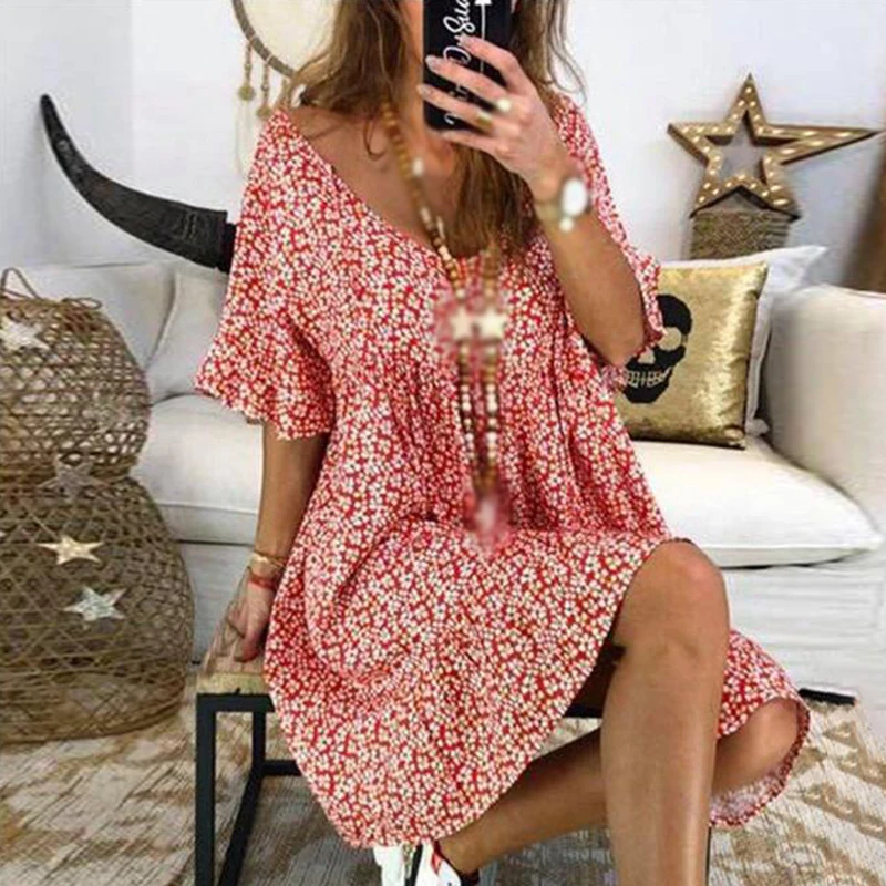 Женское платье с v-образным вырезом и цветочным принтом летнее праздничное