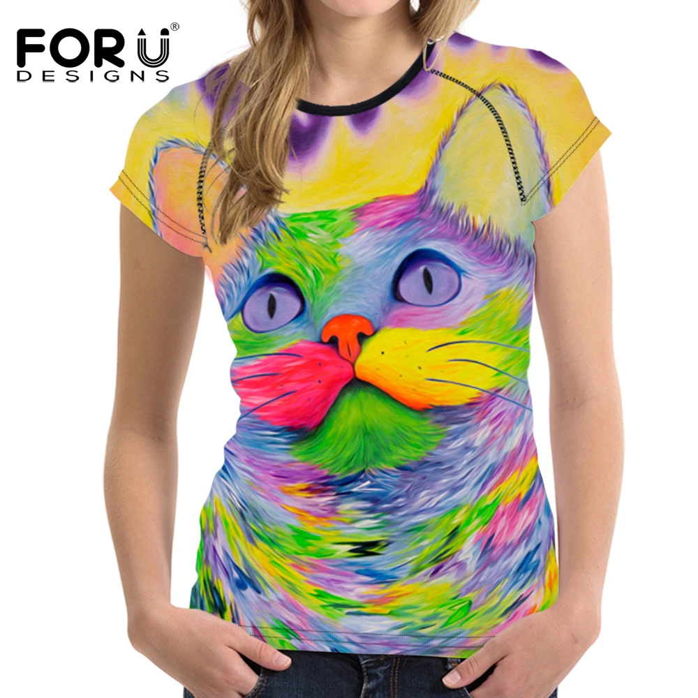 FORUDESIGNS/брендовая одежда женская футболка с 3D рисунком кота 2018 летние женские