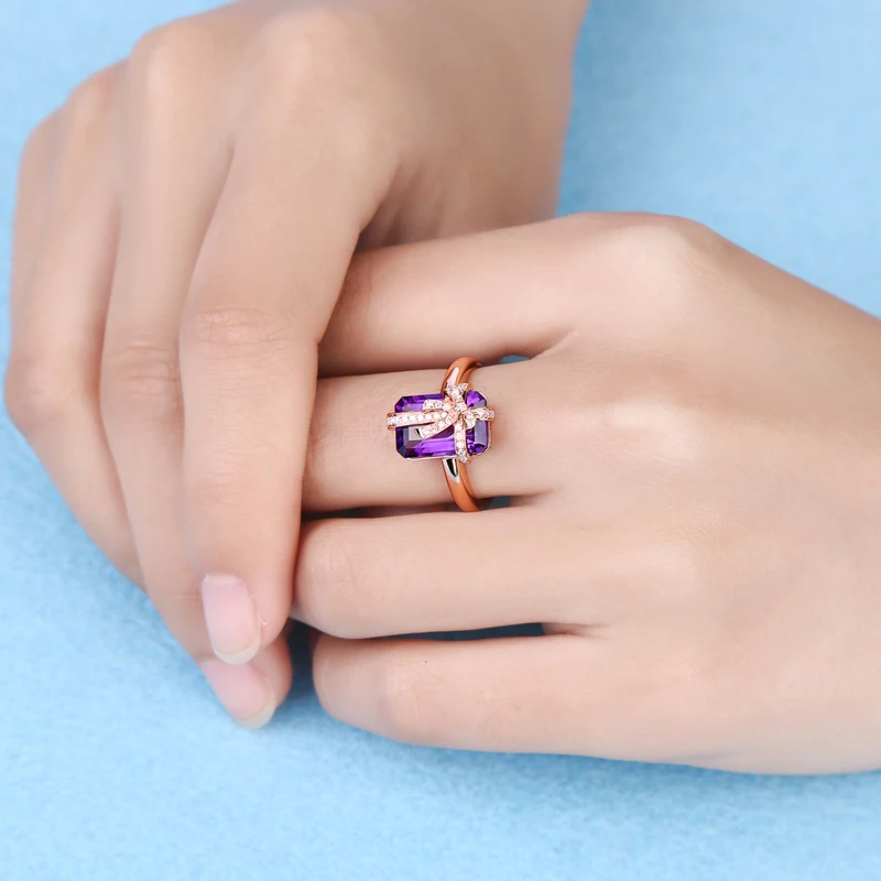 CaiMao 14KT/585 розовое золото 5.2ct Натуральный Аметист& 0,18 ct полный разрез алмаз помолвка драгоценный камень кольцо ювелирные изделия бант-узел