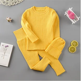 yellow 3pcs 3 шт./компл. Демисезонный Зимняя одежда для маленькой девочки, вязаный свитер в рубчик, Свитера для мальчиков брюки Шапки Детская одежда От 0 до 2 лет 043 - Цвет: yellow 3pcs